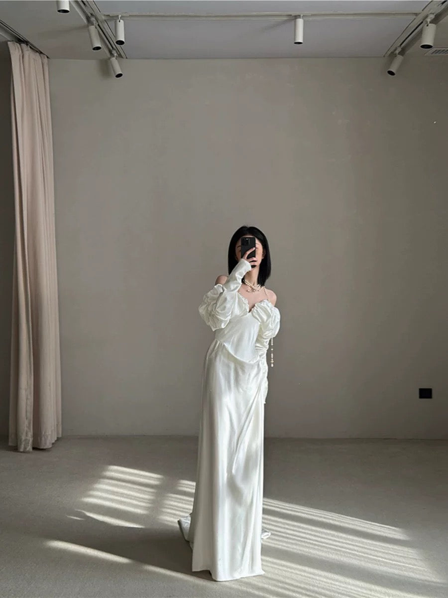 Vintage Wedding Dress Sheath Off The Shoulder Long Sleeves White Summer Beach Long Sleeves Wedding Dresses Bridal Gowns W0769