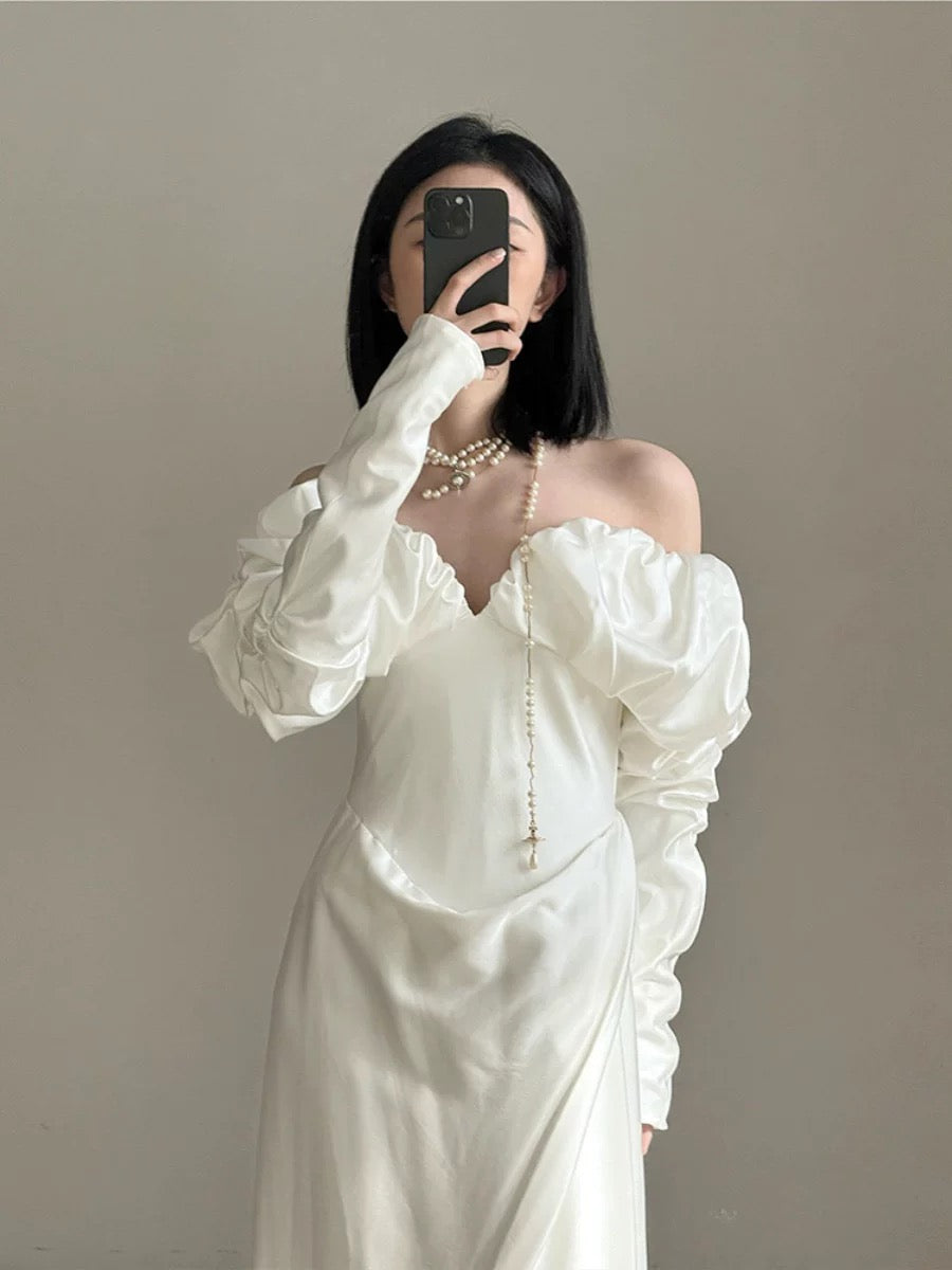 Vintage Wedding Dress Sheath Off The Shoulder Long Sleeves White Summer Beach Long Sleeves Wedding Dresses Bridal Gowns W0769