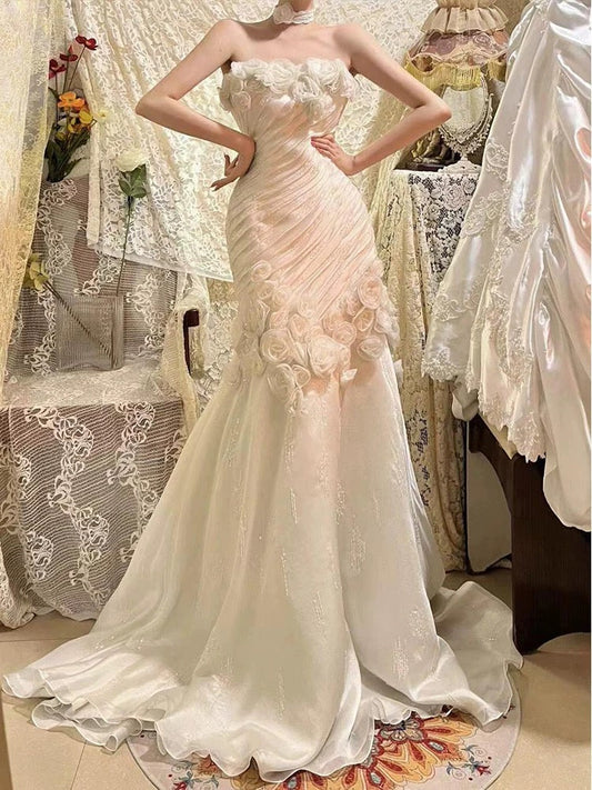 Retro Wedding Dress Mermaid Strapless Chiffon White Flowers Long Wedding Dresses Summer Brides Dress Bridal Gowns W0770