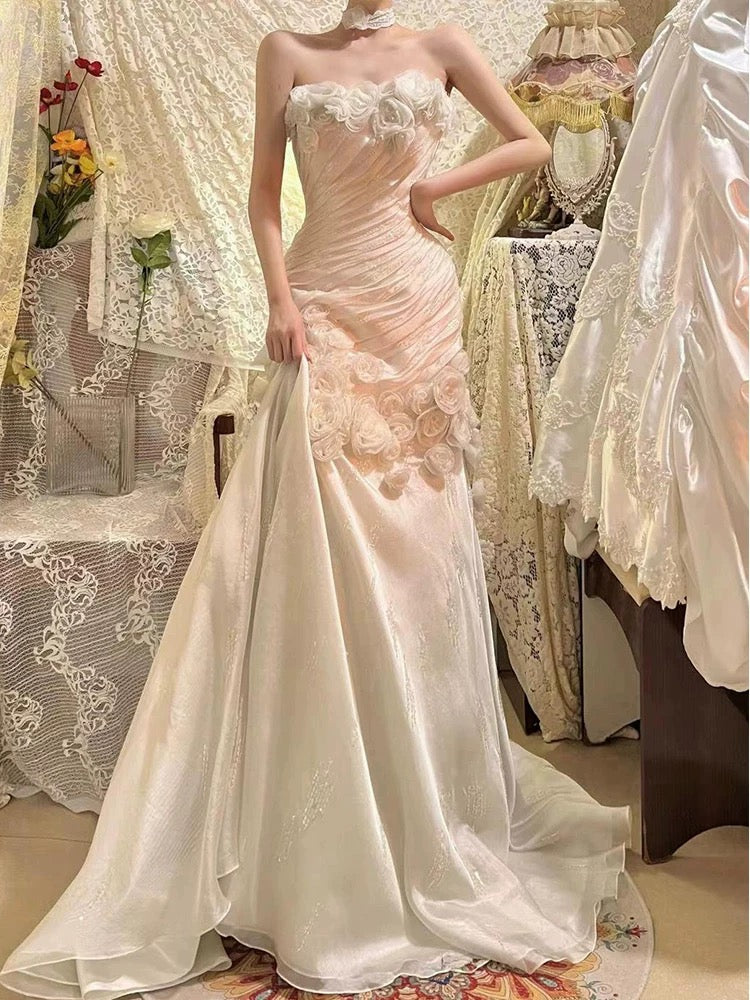 Retro Wedding Dress Mermaid Strapless Chiffon White Flowers Long Wedding Dresses Summer Brides Dress Bridal Gowns W0770