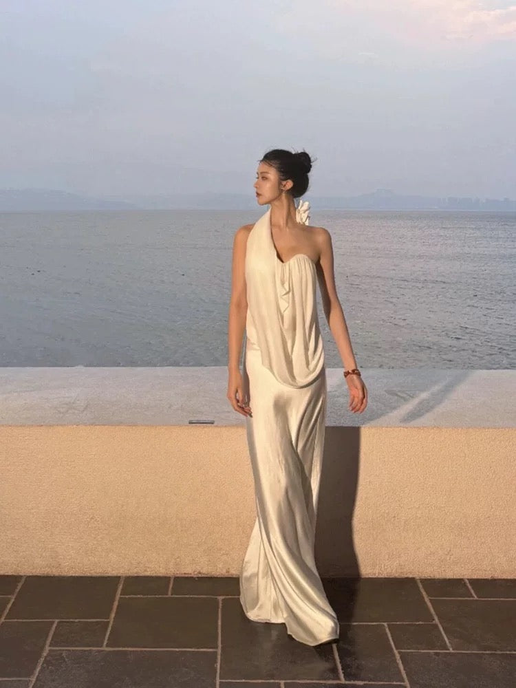 Vintage Wedding Dress Sheath One Shoulder White Summer Beach Long Wedding Dresses Bridal Gowns W0772