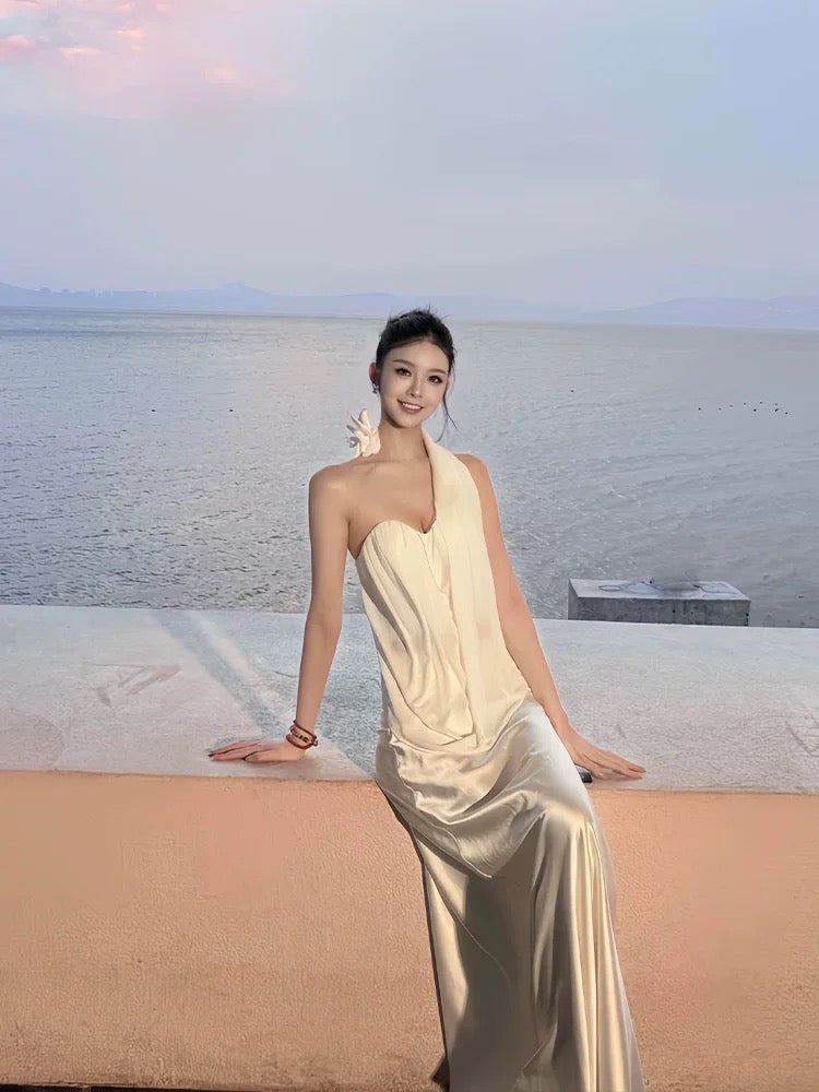 Vintage Wedding Dress Sheath One Shoulder White Summer Beach Long Wedding Dresses Bridal Gowns W0772