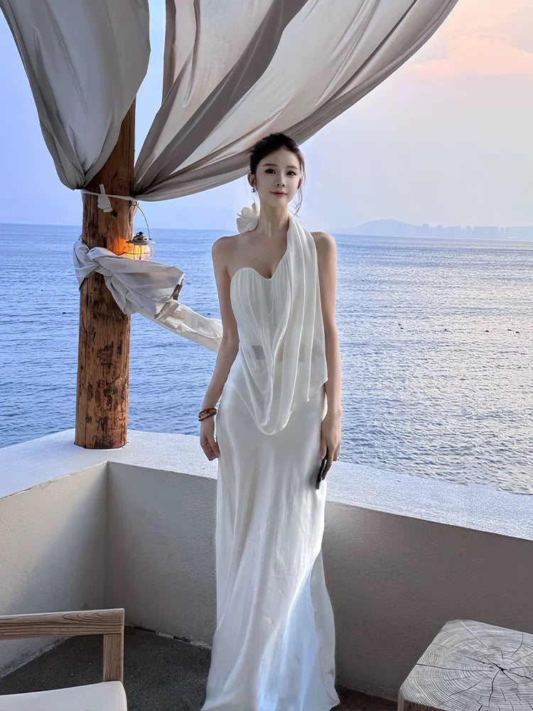 Vintage Wedding Dress Sheath One Shoulder White Summer Beach Long Wedding Dresses Bridal Gowns W0772