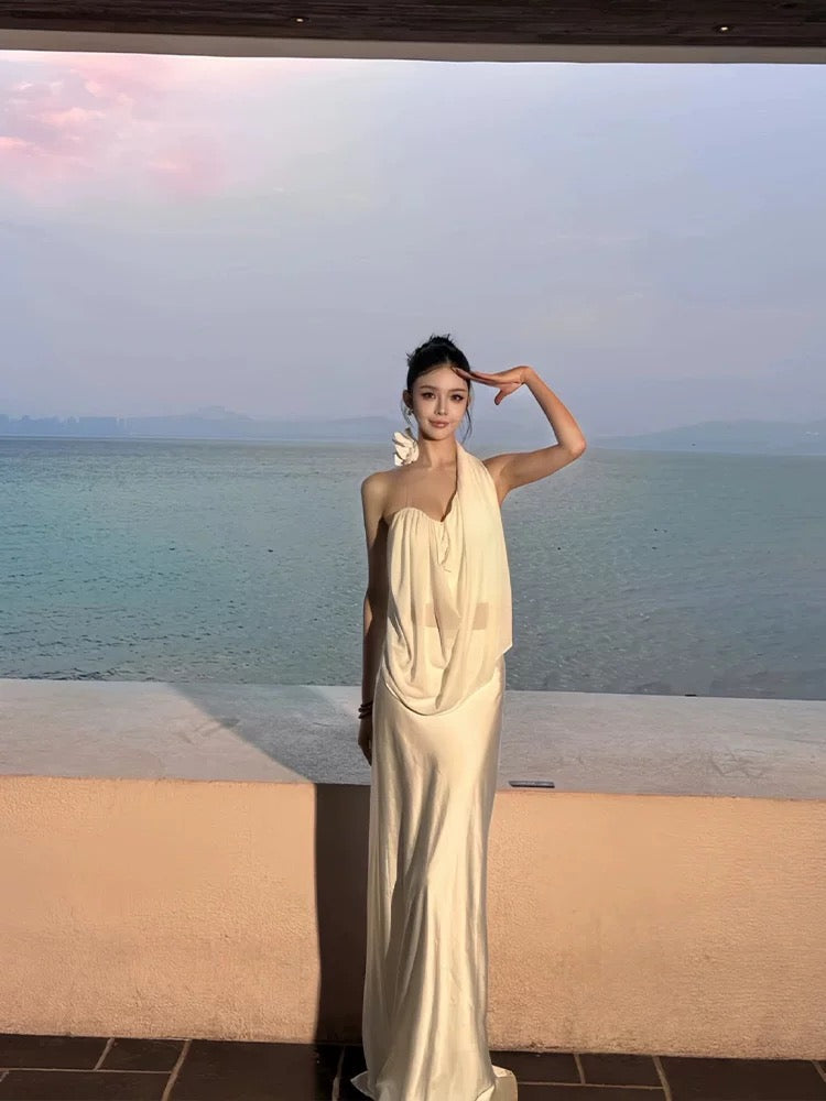 Vintage Wedding Dress Sheath One Shoulder White Summer Beach Long Wedding Dresses Bridal Gowns W0772