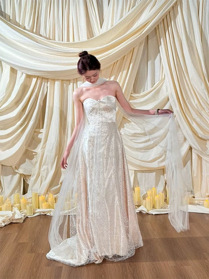 Simple Wedding Dress A Line Sweetheart White Sequin Summer Beach Long Wedding Dresses Bridal Gowns W0775