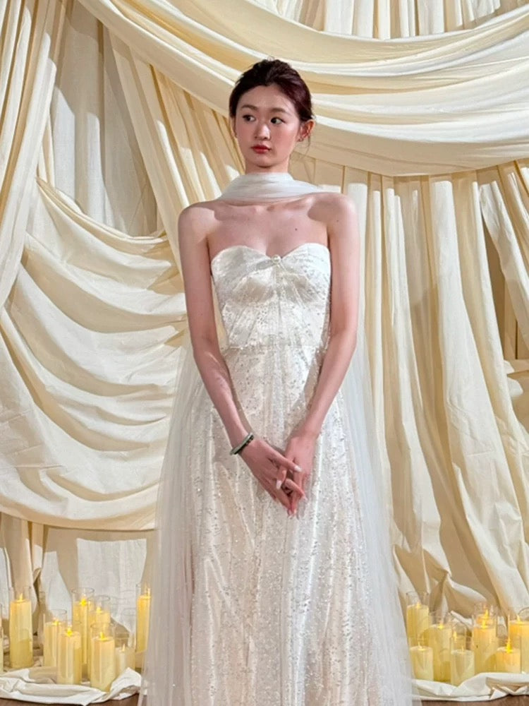 Simple Wedding Dress A Line Sweetheart White Sequin Summer Beach Long Wedding Dresses Bridal Gowns W0775