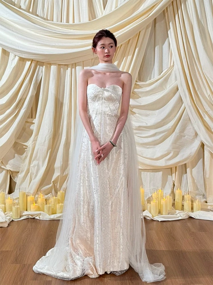 Simple Wedding Dress A Line Sweetheart White Sequin Summer Beach Long Wedding Dresses Bridal Gowns W0775