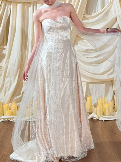 Simple Wedding Dress A Line Sweetheart White Sequin Summer Beach Long Wedding Dresses Bridal Gowns W0775