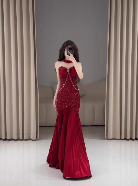 Classy Mermaid Sweetheart Red Sequin Long Prom Dresses Formal Gown Summer Wedding Guest Dresses Wedding Guest Outfit W0777