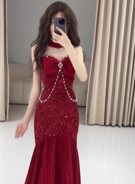 Classy Mermaid Sweetheart Red Sequin Long Prom Dresses Formal Gown Summer Wedding Guest Dresses Wedding Guest Outfit W0777
