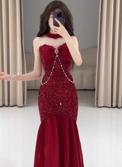 Classy Mermaid Sweetheart Red Sequin Long Prom Dresses Formal Gown Summer Wedding Guest Dresses Wedding Guest Outfit W0777