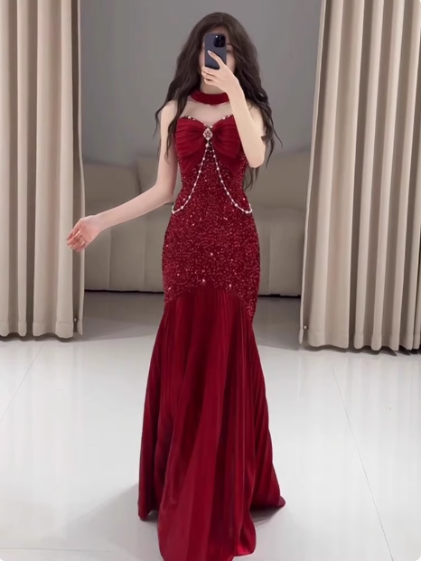 Classy Mermaid Sweetheart Red Sequin Long Prom Dresses Formal Gown Summer Wedding Guest Dresses Wedding Guest Outfit W0777