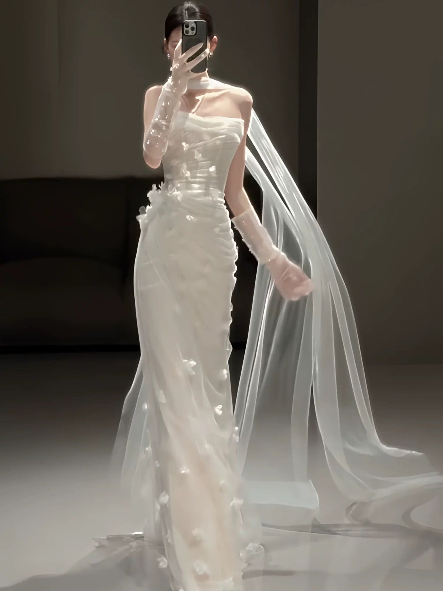 Simple Wedding Dress Mermaid Strapless White Tulle Floral Summer Beach Long Wedding Dresses Bridal Gowns W0778