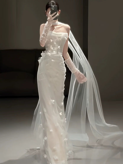 Simple Wedding Dress Mermaid Strapless White Tulle Floral Summer Beach Long Wedding Dresses Bridal Gowns W0778