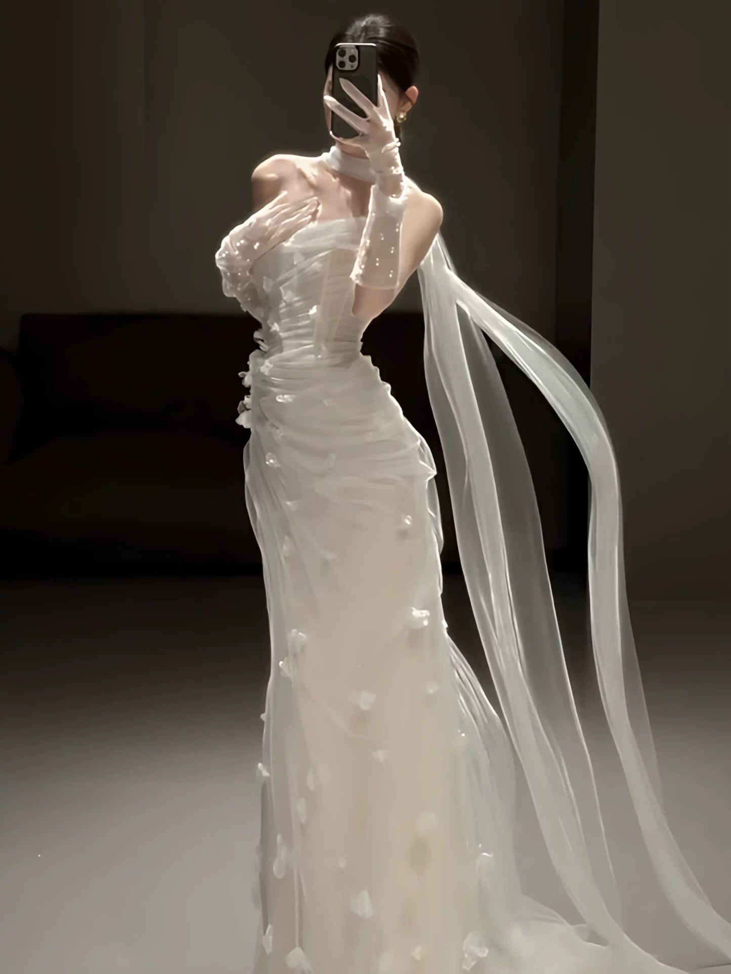 Simple Wedding Dress Mermaid Strapless White Tulle Floral Summer Beach Long Wedding Dresses Bridal Gowns W0778