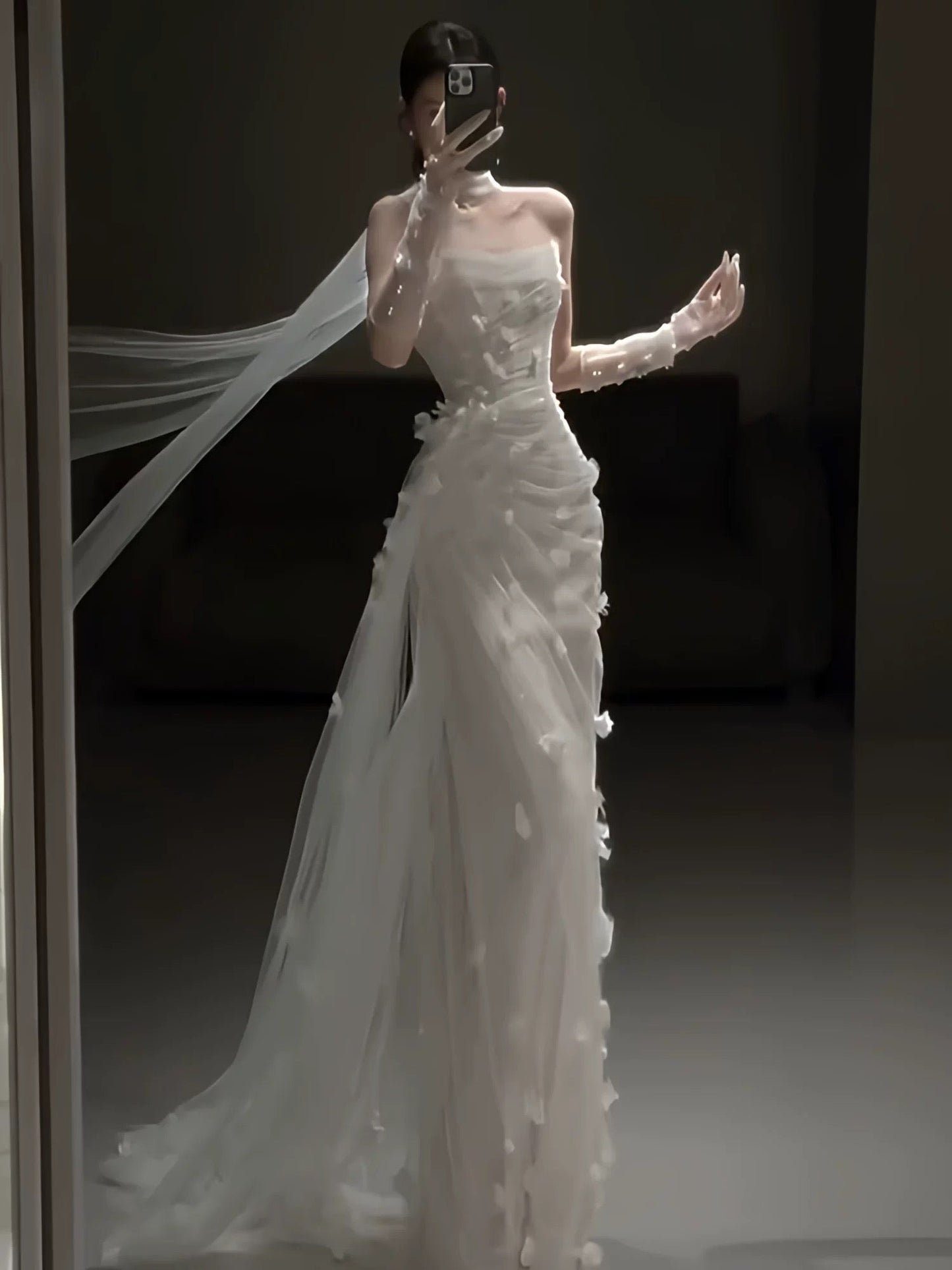 Simple Wedding Dress Mermaid Strapless White Tulle Floral Summer Beach Long Wedding Dresses Bridal Gowns W0778