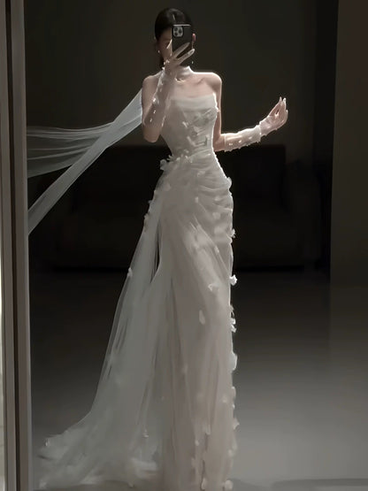 Simple Wedding Dress Mermaid Strapless White Tulle Floral Summer Beach Long Wedding Dresses Bridal Gowns W0778