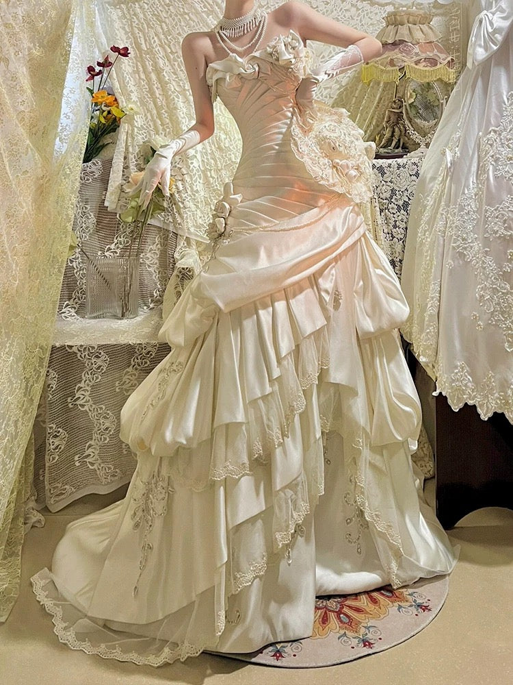 Retro Wedding Dress Mermaid Strapless Satin White Flowers Long Wedding Dresses Summer Brides Dress Bridal Gowns W0785