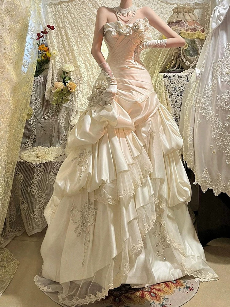 Retro Wedding Dress Mermaid Strapless Satin White Flowers Long Wedding Dresses Summer Brides Dress Bridal Gowns W0785