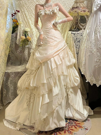 Retro Wedding Dress Mermaid Strapless Satin White Flowers Long Wedding Dresses Summer Brides Dress Bridal Gowns W0785