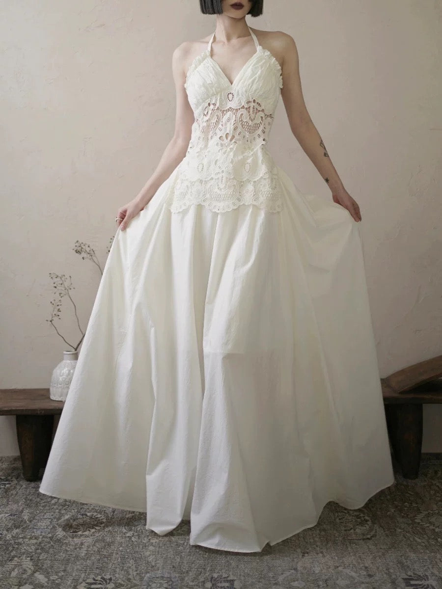 Vintage Wedding Dress A line Halter Lace White Summer Beach Long Wedding Dresses Bridal Gowns W0786