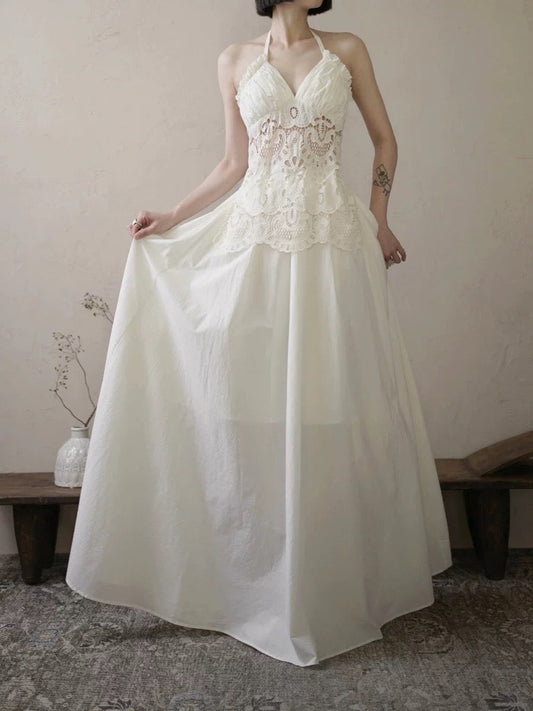 Vintage Wedding Dress A line Halter Lace White Summer Beach Long Wedding Dresses Bridal Gowns W0786