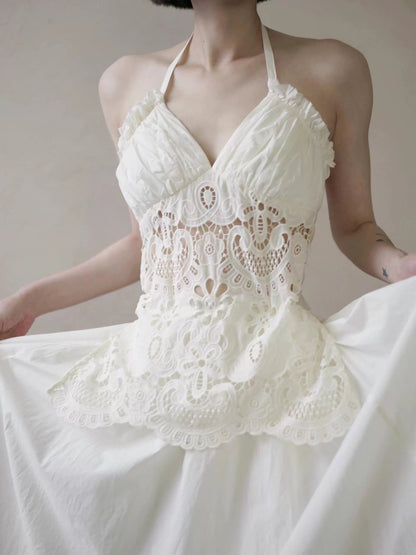 Vintage Wedding Dress A line Halter Lace White Summer Beach Long Wedding Dresses Bridal Gowns W0786