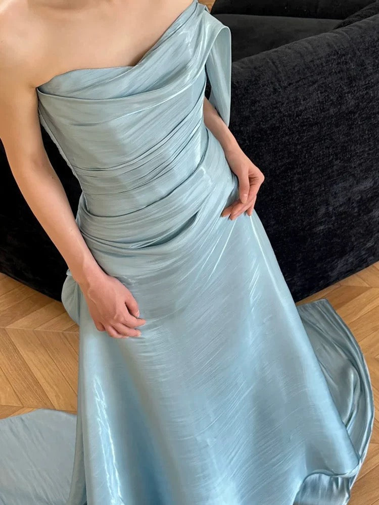 Sexy Mermaid Strapless Light Sky Blue Satin Prom Dresses Party Dress Summer 20th Birthday Outfits Birthday Dresses W0789