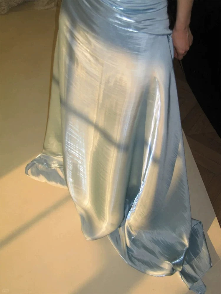 Sexy Mermaid Strapless Light Sky Blue Satin Prom Dresses Party Dress Summer 20th Birthday Outfits Birthday Dresses W0789