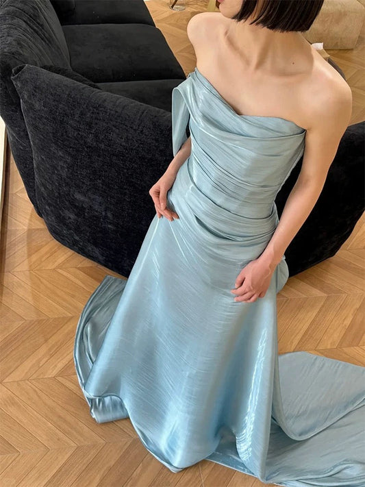 Sexy Mermaid Strapless Light Sky Blue Satin Prom Dresses Party Dress Summer 20th Birthday Outfits Birthday Dresses W0789
