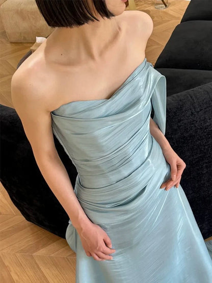 Sexy Mermaid Strapless Light Sky Blue Satin Prom Dresses Party Dress Summer 20th Birthday Outfits Birthday Dresses W0789