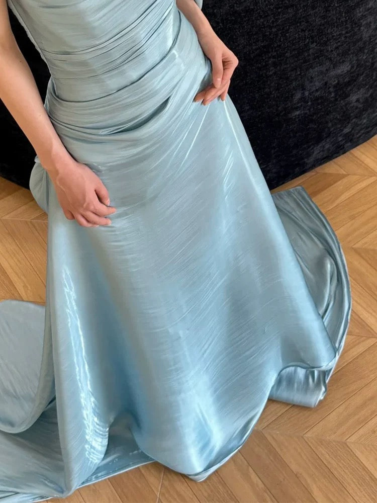 Sexy Mermaid Strapless Light Sky Blue Satin Prom Dresses Party Dress Summer 20th Birthday Outfits Birthday Dresses W0789