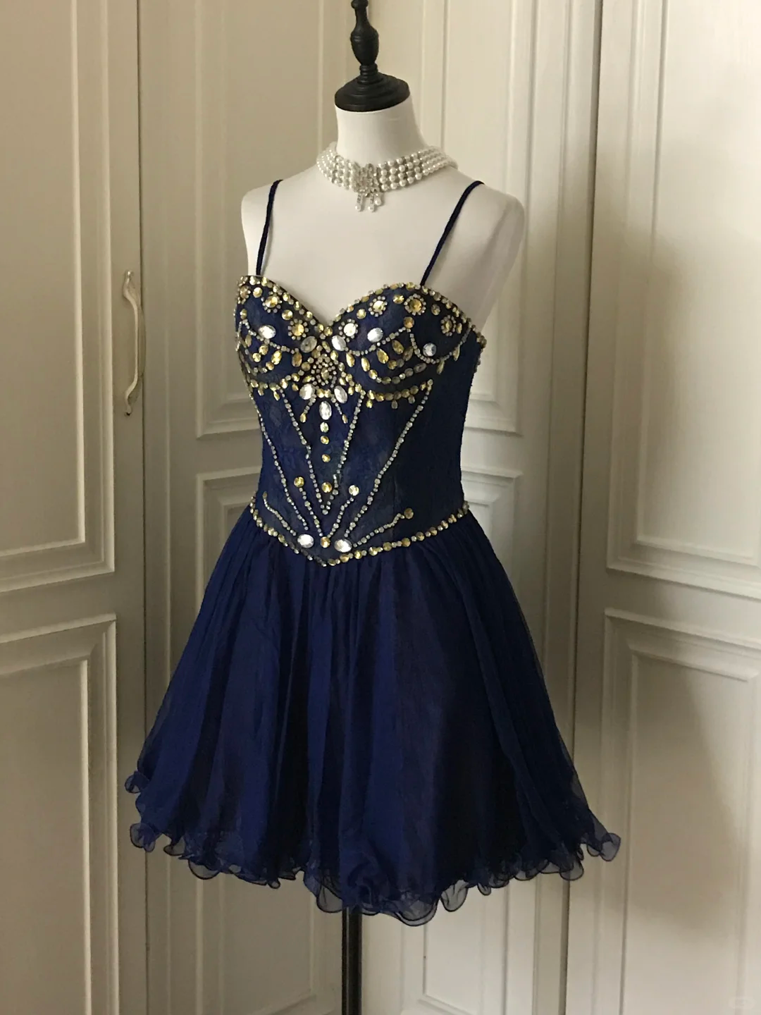 Vintage Navy Blue Lace Beaded A Line Homecoming Dress Birthday Dress  S545
