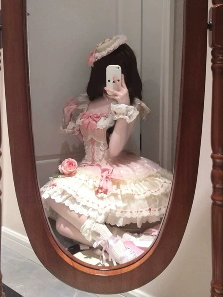 Vintage Ball Gown Square Neck Pink Short Summer 16th Burgundy Birthday Dress Lolita Dress Birthday Outfits W1004