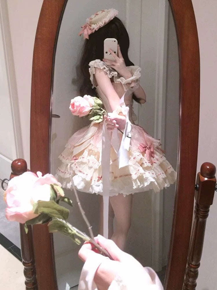 Vintage Ball Gown Square Neck Pink Short Summer 16th Burgundy Birthday Dress Lolita Dress Birthday Outfits W1004