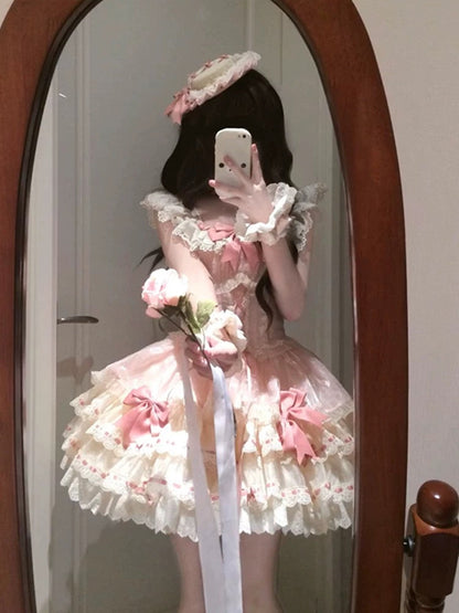 Vintage Ball Gown Square Neck Pink Short Summer 16th Burgundy Birthday Dress Lolita Dress Birthday Outfits W1004