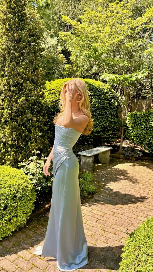 Elegant Mermaid Strapless Light Sky Blue Satin Long Prom Dresses Party Dress Summer 20th Birthday Outfits Birthday Dresses W1005