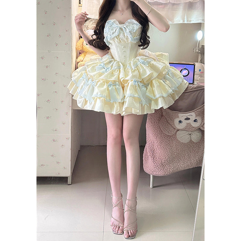Cute Ball Gown Sweetheart Light Yellow Satin Short Summer 16th Burgundy Birthday Dress Lolita Dress Birthday Outfits W1005