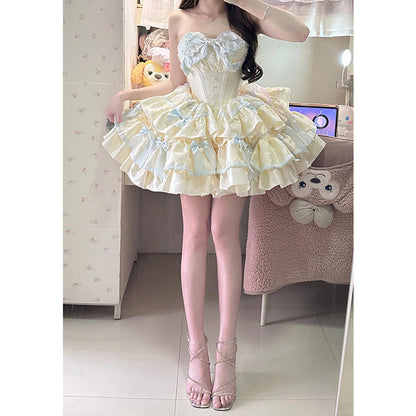 Cute Ball Gown Sweetheart Light Yellow Satin Short Summer 16th Burgundy Birthday Dress Lolita Dress Birthday Outfits W1005
