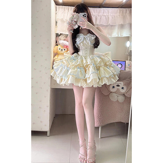 Cute Ball Gown Sweetheart Light Yellow Satin Short Summer 16th Burgundy Birthday Dress Lolita Dress Birthday Outfits W1005