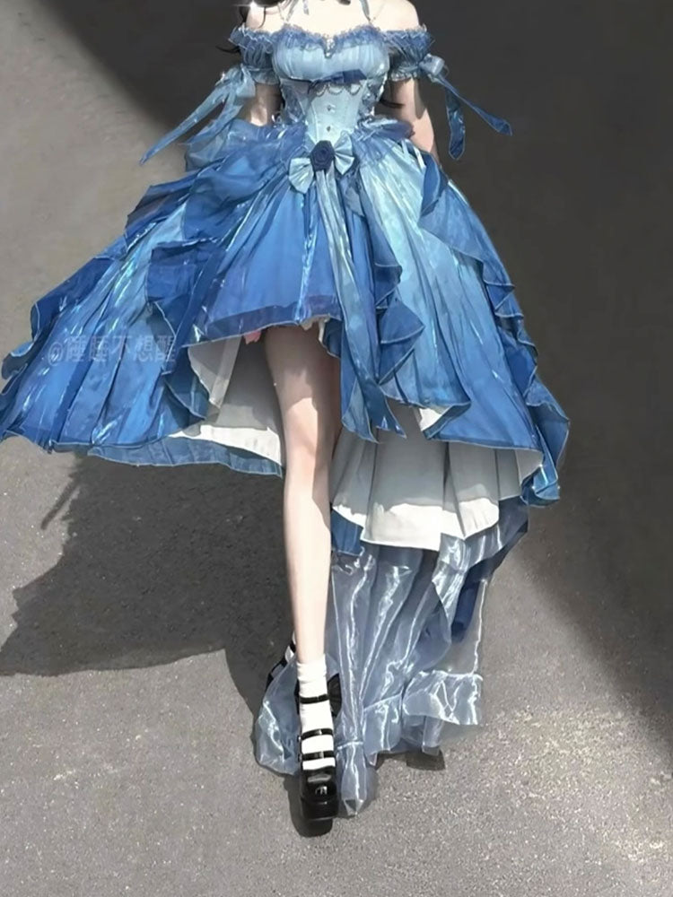 Vintage Ball Gown Off The Shoulder Short Sleeves 16th Blue Birthday Dress Lolita Summer Dress Birthday Outfits W1006