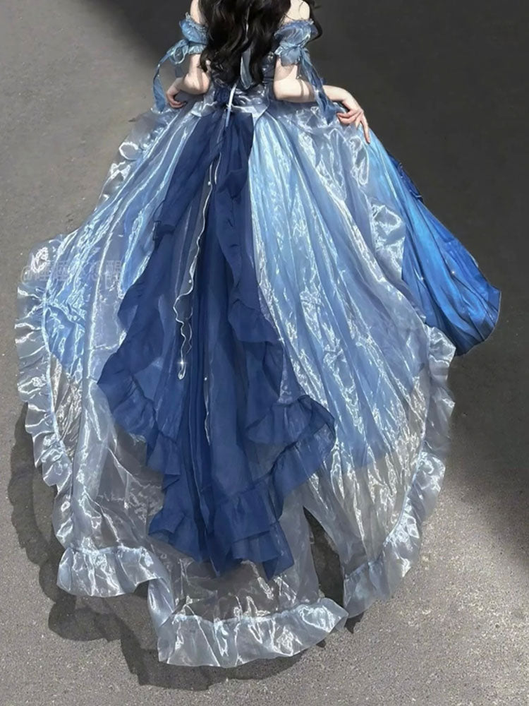 Vintage Ball Gown Off The Shoulder Short Sleeves 16th Blue Birthday Dress Lolita Summer Dress Birthday Outfits W1006