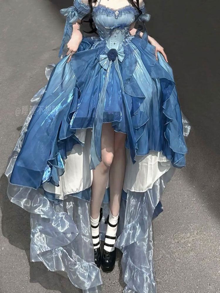 Vintage Ball Gown Off The Shoulder Short Sleeves 16th Blue Birthday Dress Lolita Summer Dress Birthday Outfits W1006