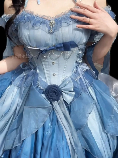 Vintage Ball Gown Off The Shoulder Short Sleeves 16th Blue Birthday Dress Lolita Summer Dress Birthday Outfits W1006