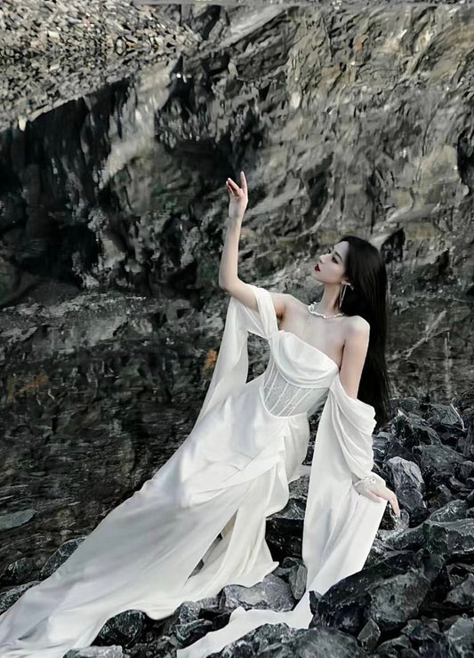 Elegant Sheath Off The Shoulder Satin White Long Prom Dresses Party Dress Summer 20th Birthday Outfits 18th Birthday Dresses W1007