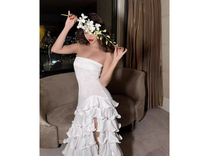 Elegant Sheath Strapless White Chiffon Long Prom Dresses Party Dress Summer 20th Birthday Outfits 18th Birthday Dresses W1010