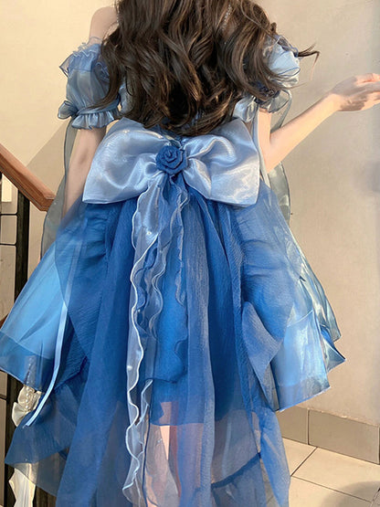 Vintage High Low Off The Shoulder Short Sleeves 16th Blue Birthday Dress Lolita Summer Dress Birthday Outfits W1010
