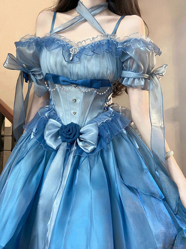 Vintage High Low Off The Shoulder Short Sleeves 16th Blue Birthday Dress Lolita Summer Dress Birthday Outfits W1010