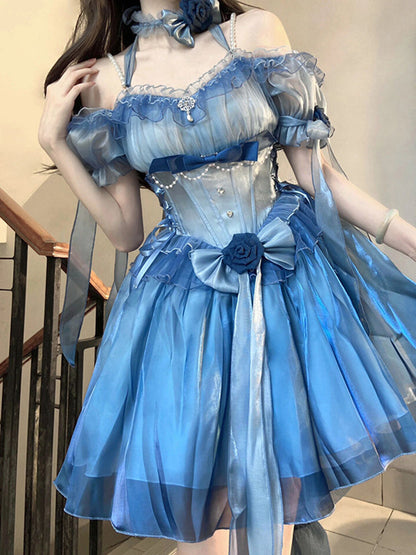 Vintage High Low Off The Shoulder Short Sleeves 16th Blue Birthday Dress Lolita Summer Dress Birthday Outfits W1010