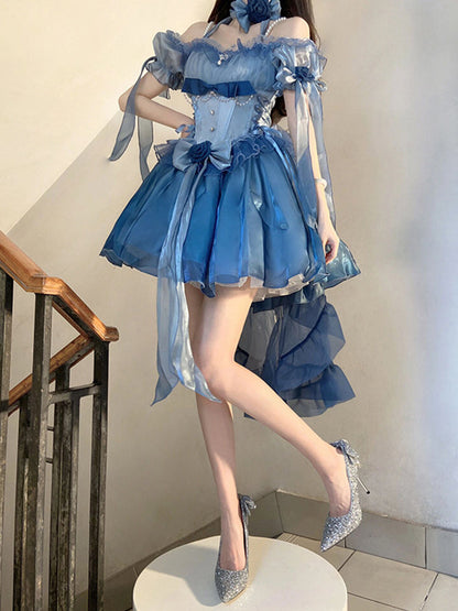 Vintage High Low Off The Shoulder Short Sleeves 16th Blue Birthday Dress Lolita Summer Dress Birthday Outfits W1010